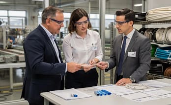 Audit tecnico su una guaina isolante con campioni, etichette e documenti in un'azienda industriale