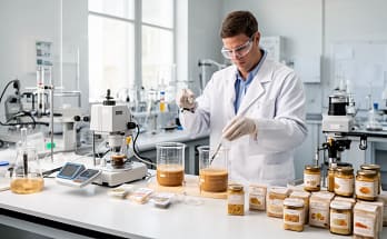 Tecnico alimentare confronta campioni di una ricetta tra prova di banco, processo pilota e conservazione