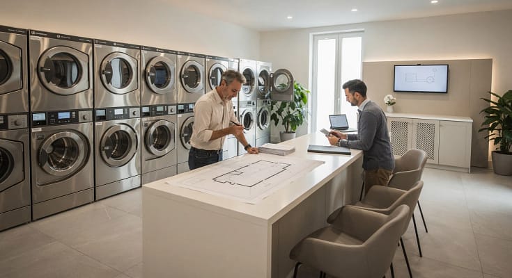 Imprenditore in una lavanderia self-service automatica mentre valuta layout e documenti per evitare un format misto non coerente